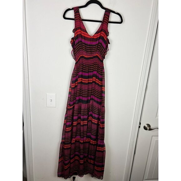 Aryn K V-Neck Sleeveless Striped Maxi Dress Size XS Silk Ruffles Burgundy - Picture 9 of 10